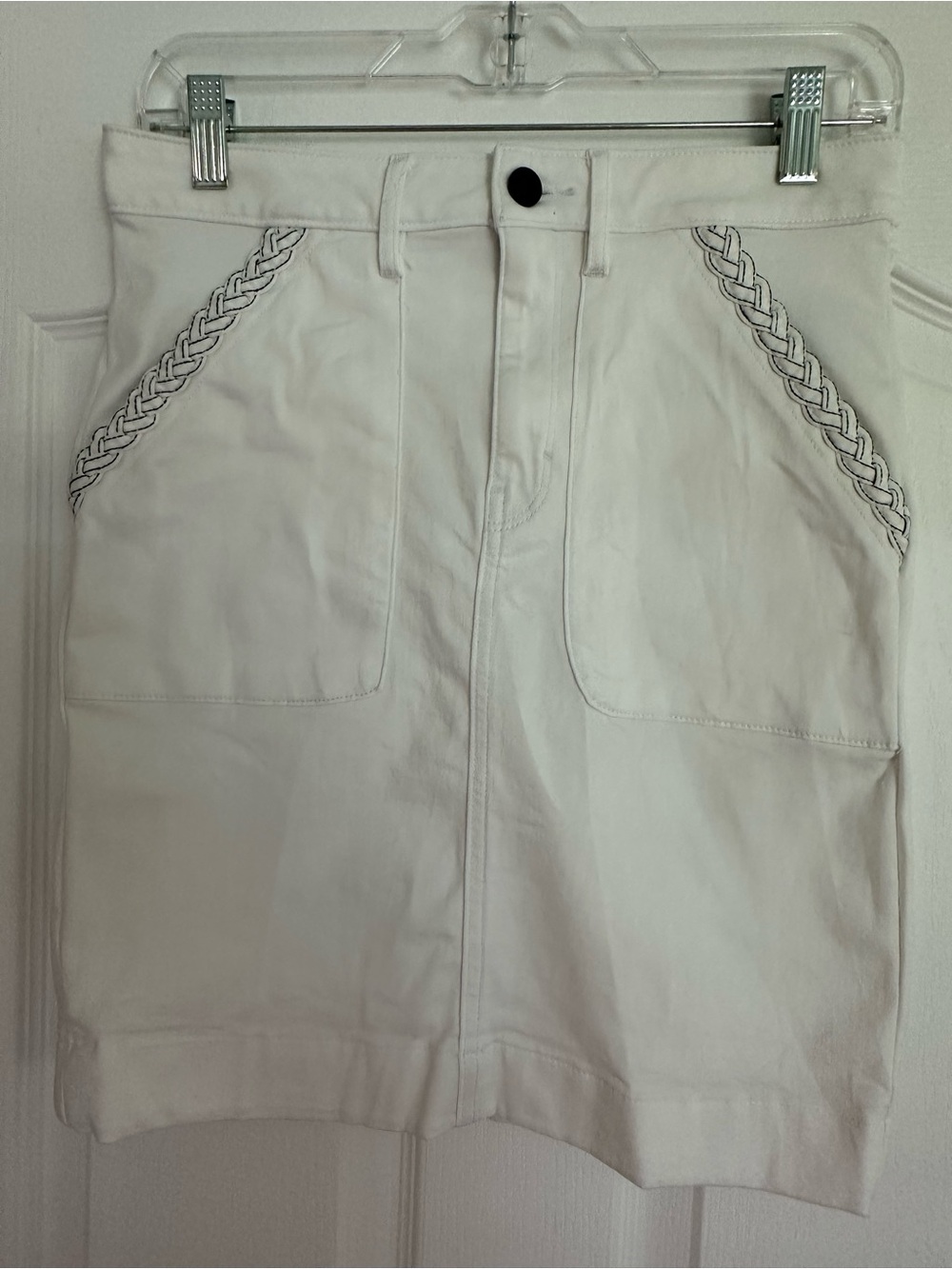 White House Black Market NWOT White Braided-Pocket Jean Skirt!